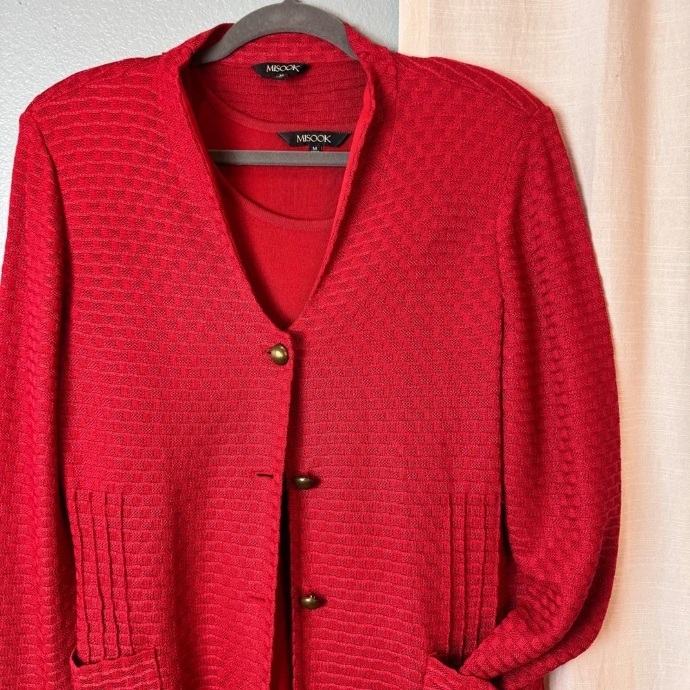 Misook Knit Jacket Tank Set Women Medium Red Excellent Button Front Professional